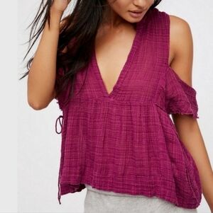 Free People Indus Purple V Neck Gauze Cold Shoulder Tie Babydoll Top